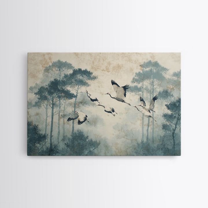 Red Crowned Cranes Flying Through Misty Pine Framed Canvas Print, Asian Inspired Art, Indian Art, Living Room Decor, Harmony, ASI-3x2-5