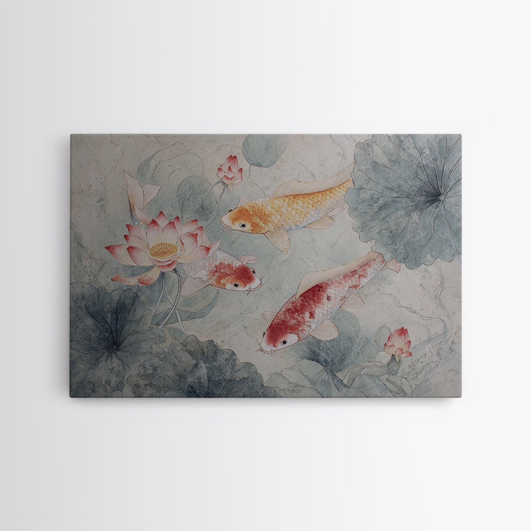 Koi Fish Circling Beneath Floating Lotus Blossoms Canvas Print, Asian Inspired Art, Digital Download Art, Living Room Decor, ASI-3x2-54