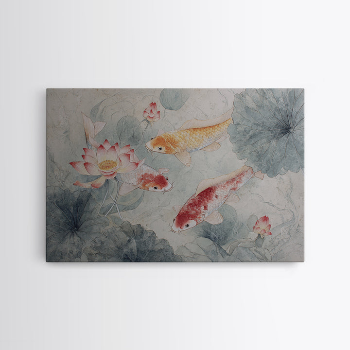 Koi Fish Circling Beneath Floating Lotus Blossoms Canvas Print, Asian Inspired Art, Digital Download Art, Living Room Decor, ASI-3x2-54