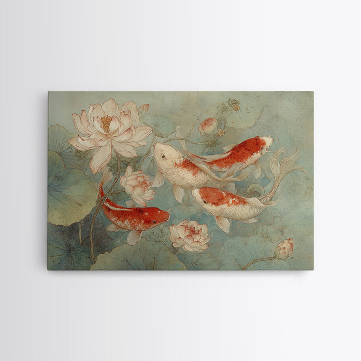 Koi Fish Circling Beneath Floating Lotus Blossoms Canvas Print, Asian Inspired Art, Botanical Print, Living Room Decor, Harmony, ASI-3x2-78