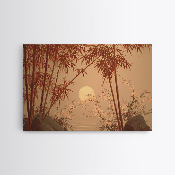 Golden Moon Behind Bamboo Silhouettes Framed Canvas Print, Asian Inspired Art, Zen Wall Art, Living Room Decor, Harmony, ASI-3x2-81