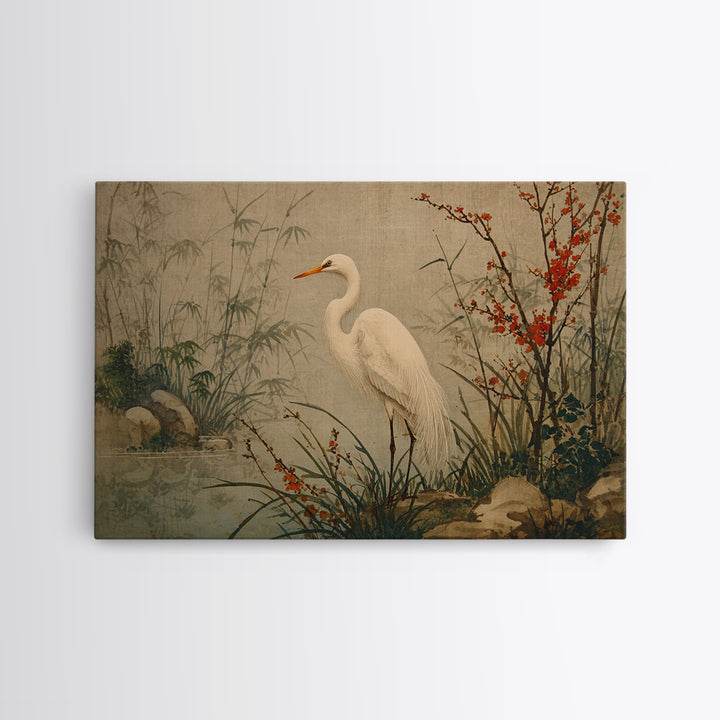 White Heron Standing Framed Canvas Print, Asian Inspired Art, Modern Wall Decor, Living Room Decor, Fine Art, Harmony, ASI-3x2-85