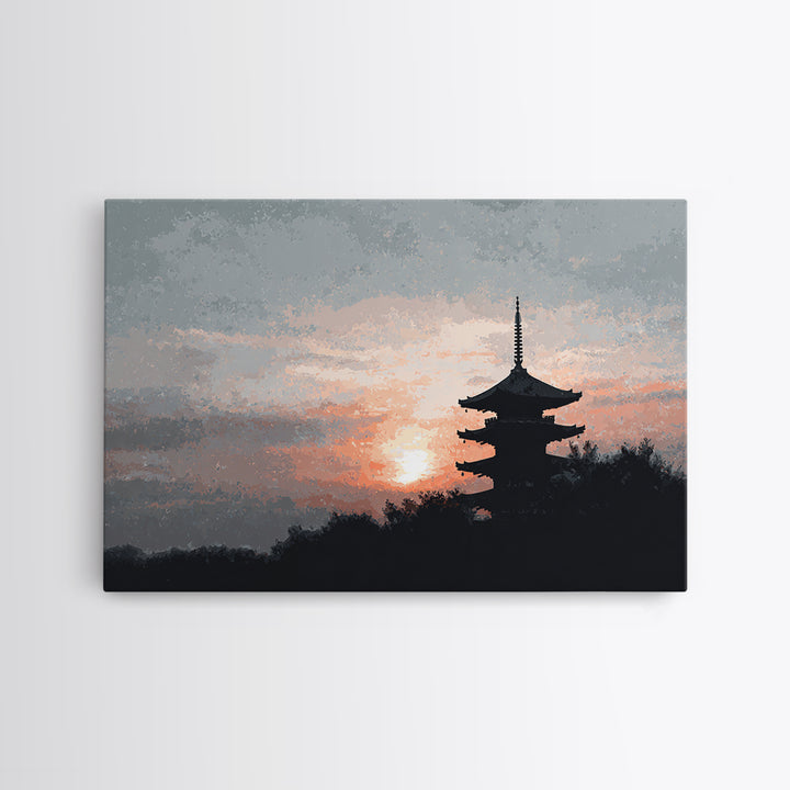 Pagoda Silhouette at Sunset Framed Canvas Print, Asian Inspired Art, Fine Art Print, Living Room Decor, Fine Art, Harmony, ASI-3x2-87