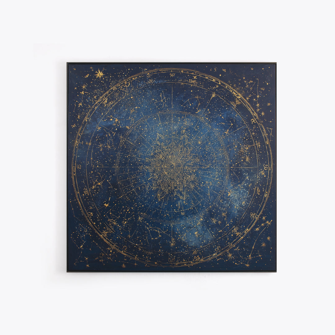 Gold Zodiac Wheel on Deep Midnight Blue Framed Canvas Print, Astrology Art, Neutral Decor, Living Room Decor, Fine Art, Zodiac, AST-1x1-1