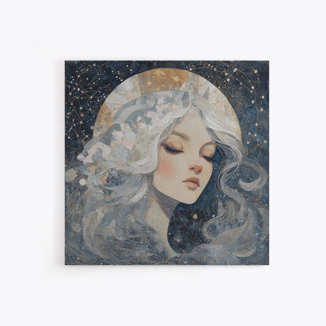 Moon Goddess with Flowing Hair and Constellations Canvas Print, Astrology Art, Celestial Wall Art, Living Room Decor, Zodiac, AST-1x1-27