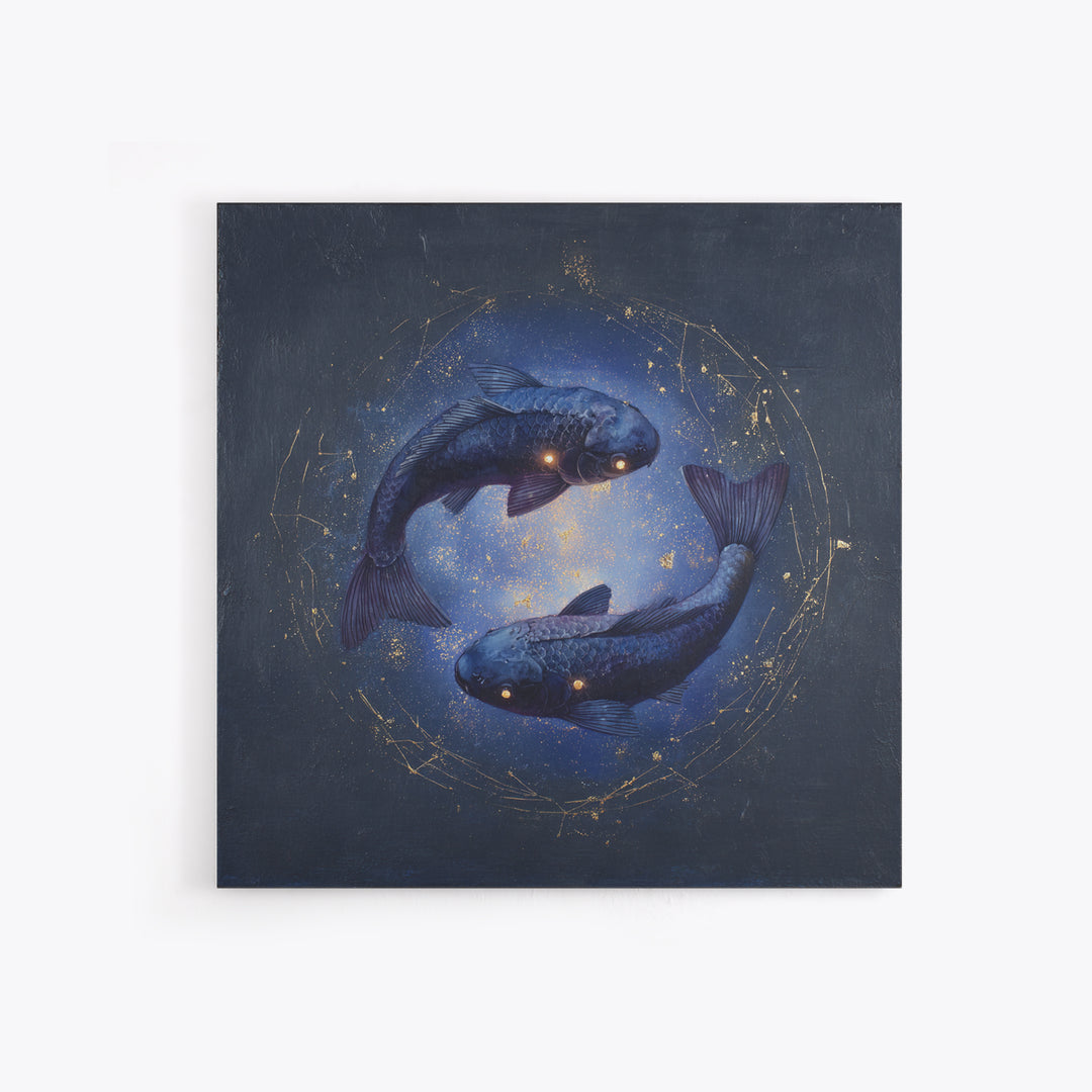 Cosmic Fish Pair Circling a Moonlit Pool Framed Canvas Print, Astrology Art, Dtf Print, Living Room Decor, Fine Art, Zodiac, AST-1x1-47