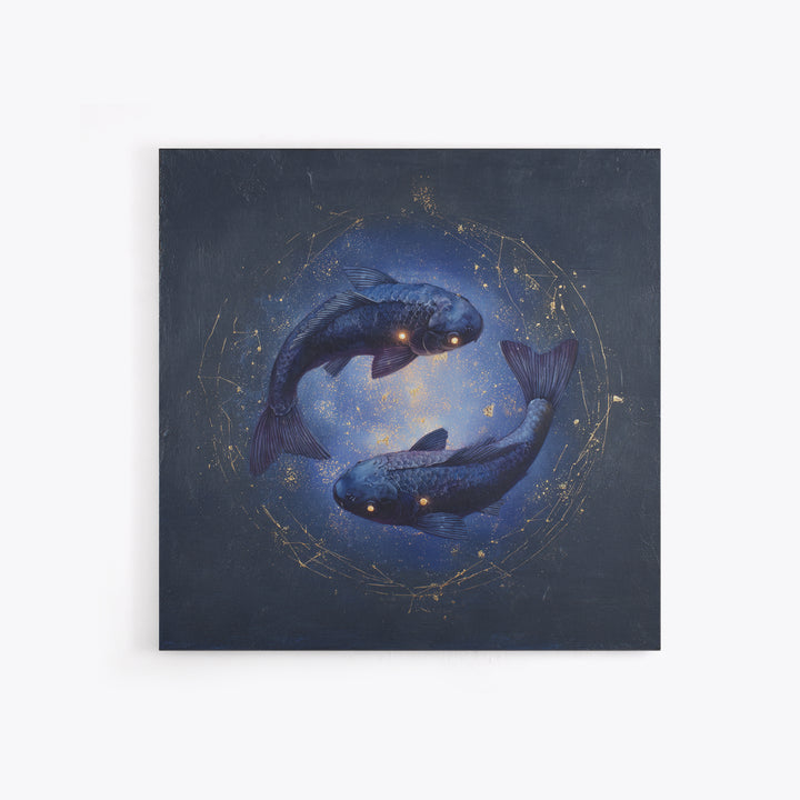 Cosmic Fish Pair Circling a Moonlit Pool Framed Canvas Print, Astrology Art, Dtf Print, Living Room Decor, Fine Art, Zodiac, AST-1x1-47