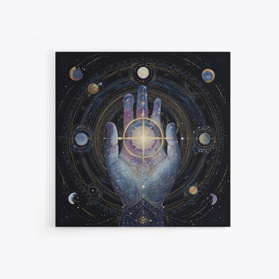Tarot Cosmic Hand Holding a Glowing Star Framed Canvas Print, Astrology Art, Fine Art Print, Living Room Decor, Zodiac, AST-1x1-78