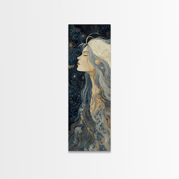 Moon Goddess with Flowing Hair and Constellations Framed Canvas Print, Astrology Art, Boho Decor, Living Room Decor, Zodiac, AST-1x3-15