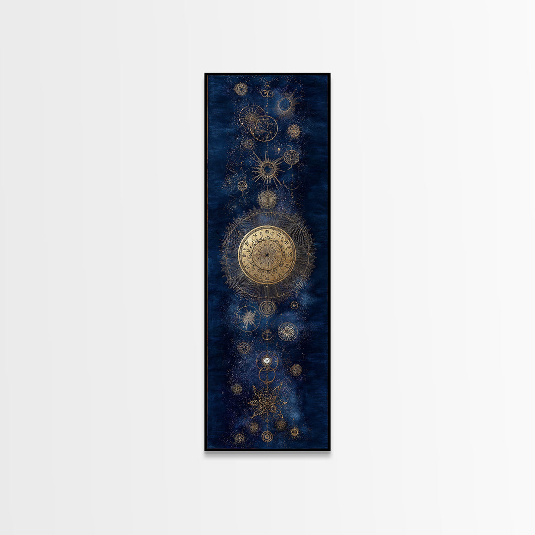Gold Zodiac Wheel on Deep Midnight Blue Framed Canvas Print, Astrology Art, Art Print, Living Room Decor, Fine Art, Zodiac, AST-1x3-61
