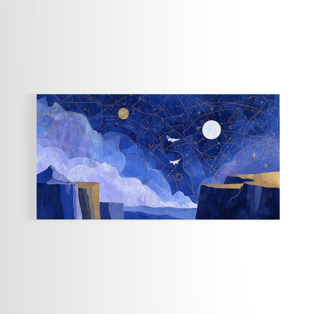 Ram Constellation Above Desert Cliffs at Night Framed Canvas Print, Astrology Art, Giclee Print, Living Room Decor, AST-2x1-100