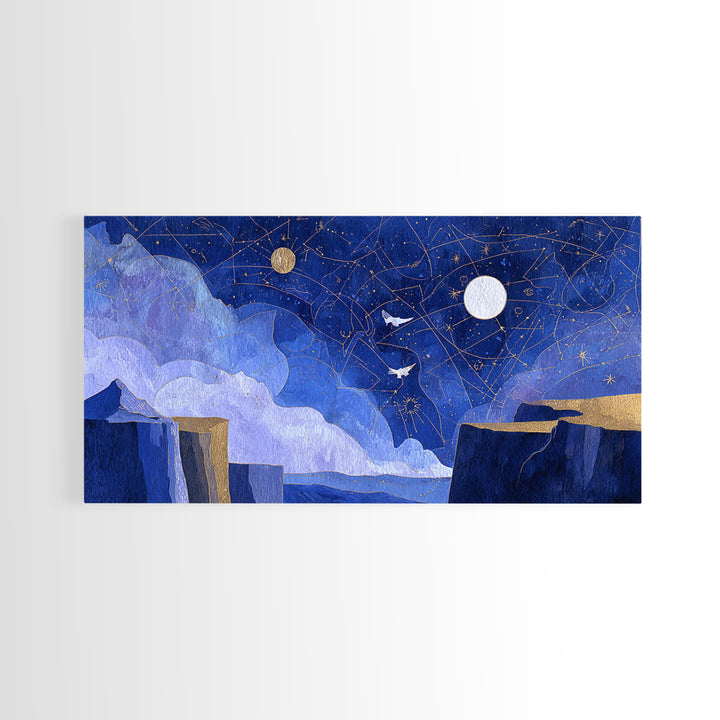 Ram Constellation Above Desert Cliffs at Night Framed Canvas Print, Astrology Art, Giclee Print, Living Room Decor, AST-2x1-100
