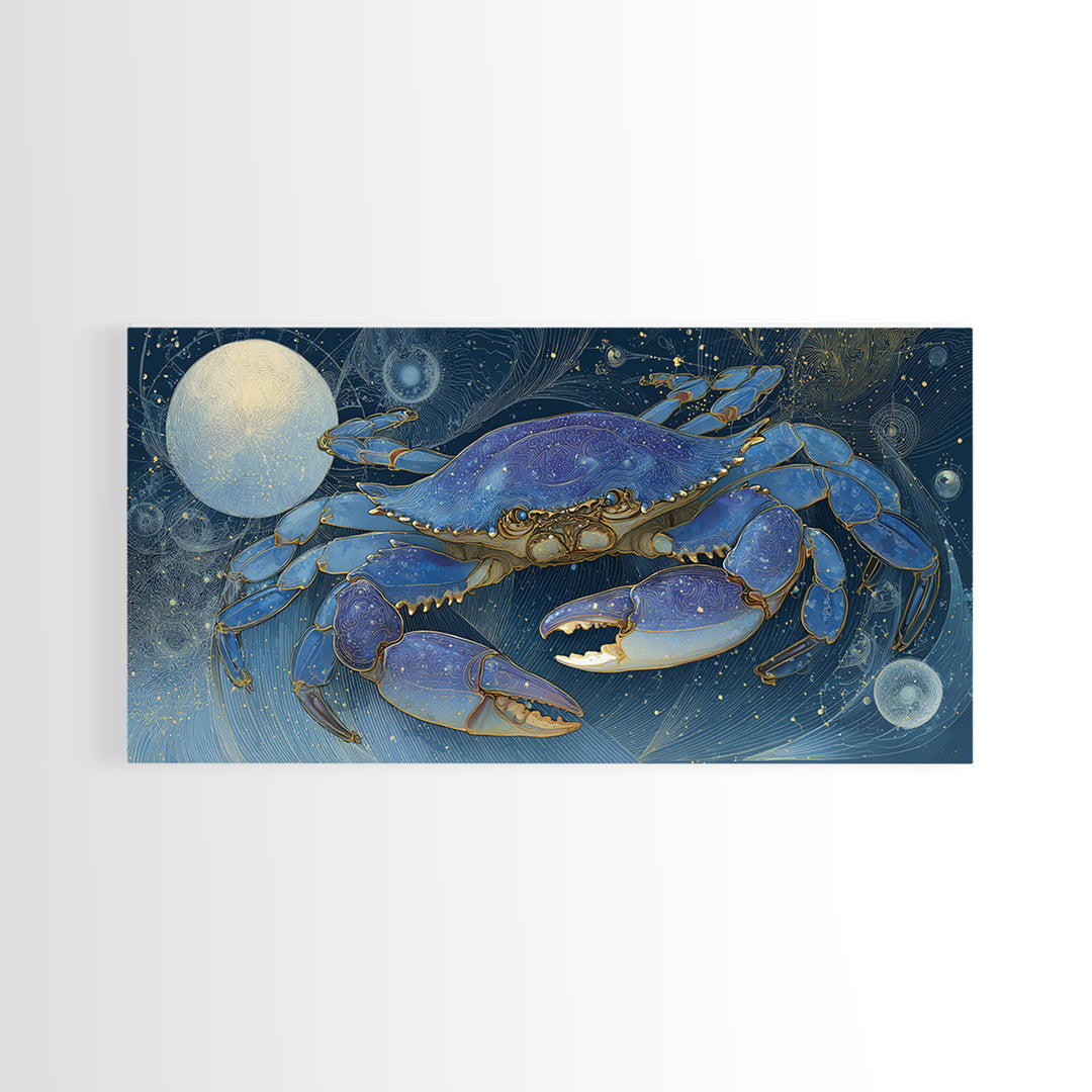 Celestial Crab under Glowing Ocean Moonlight Framed Canvas Print, Astrology Art, Room Decor, Living Room Decor, Zodiac, AST-2x1-12