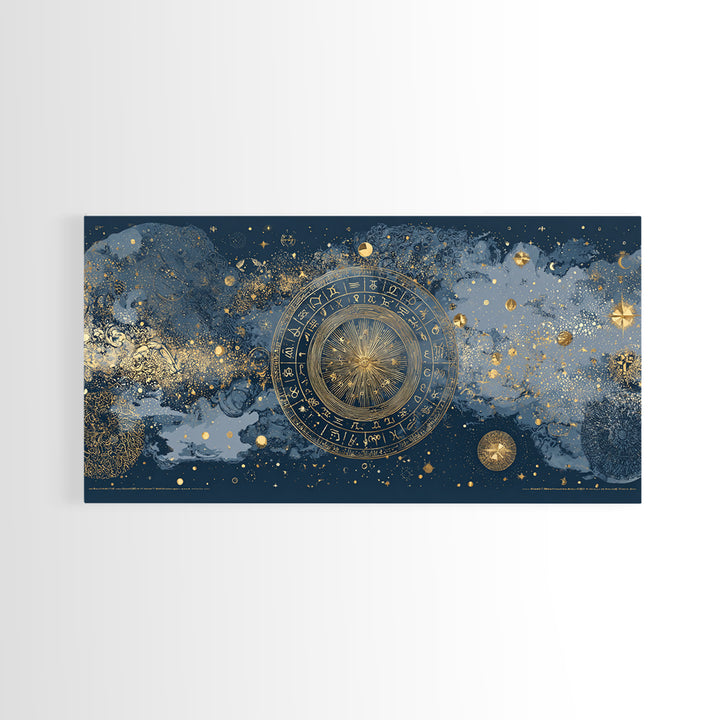 Gold Zodiac Wheel on Deep Midnight Blue Canvas Print, Astrology Art, Digital Wall Art, Living Room Decor, Oil Painting, Zodiac, AST-2x1-21
