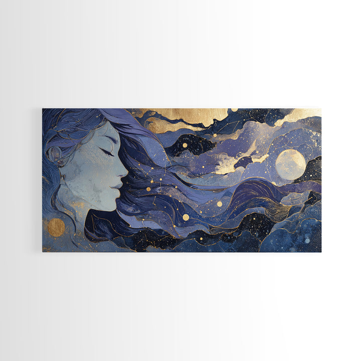 Moon Goddess with Flowing Hair and Constellations Framed Canvas Print, Astrology Art, Astrology, Living Room Decor, Zodiac, AST-2x1-23