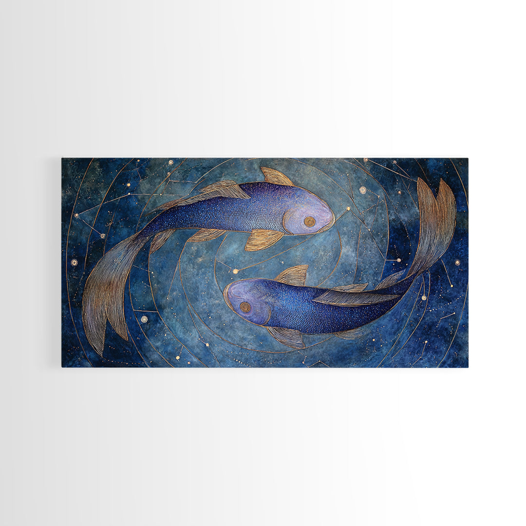 Cosmic Fish Pair Circling a Moonlit Pool Framed Canvas Print, Astrology Art, Art Nouveau, Living Room Decor, Fine Art, Zodiac, AST-2x1-43