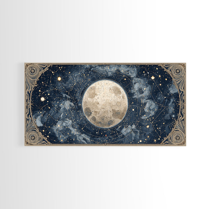 Retro Horoscope Chart Framed Canvas Print, Astrology Art, Boho Decor, Living Room Decor, Abstract Art, Zodiac, AST-2x1-65