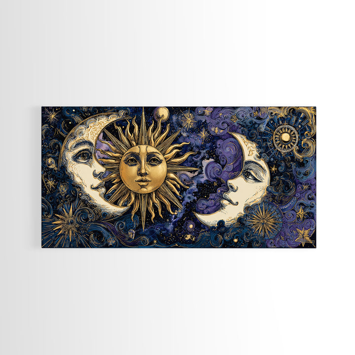 Sun and Moon Faces Canvas Print, Astrology Art, Celestial Decor, Living Room Decor, Zodiac, Leo Wall Art, Astronomy Print, AST-2x1-73