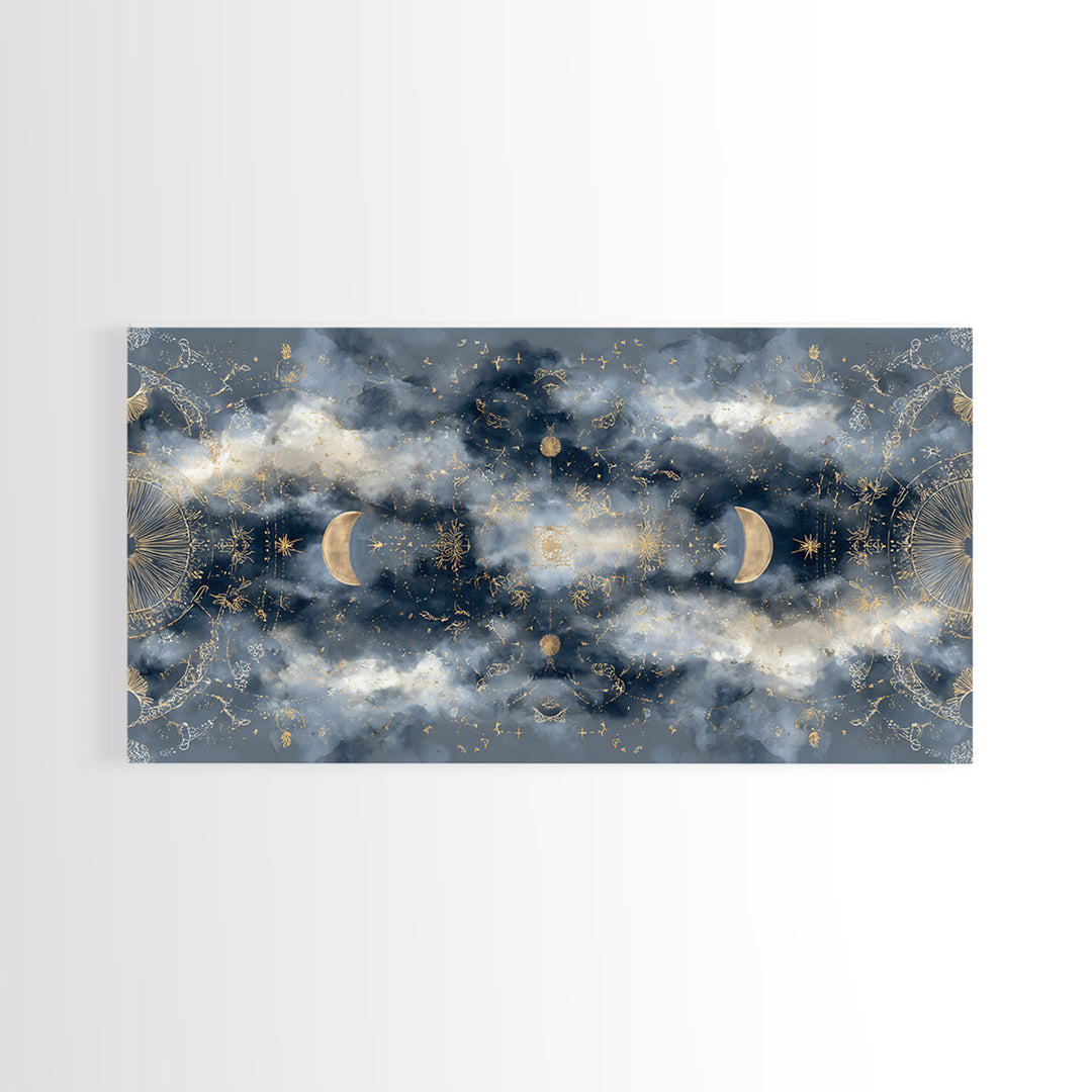 Celestial Twins Surrounded by Mirrored Moons Canvas Print, Astrology Art, Astrology Gifts, Living Room Decor, Oil Painting, AST-2x1-77