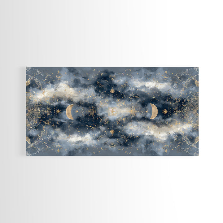 Celestial Twins Surrounded by Mirrored Moons Canvas Print, Astrology Art, Astrology Gifts, Living Room Decor, Oil Painting, AST-2x1-77