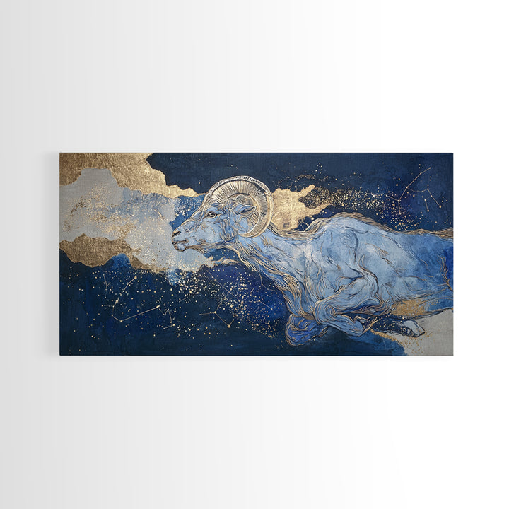 Capricorn Sea Goat Emerging from Cosmic Waves Framed Canvas Print, Astrology Art, Zodiac Sign Print, Living Room Decor, Zodiac, AST-2x1-87