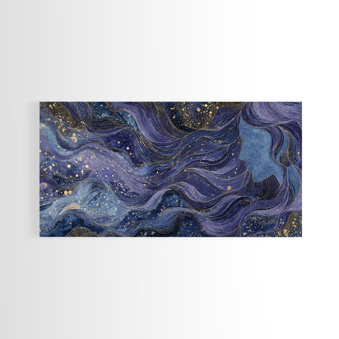 Moon Goddess with Flowing Hair and Constellations Framed Canvas Print, Astrology Art, Wall Decor, Living Room Decor, Zodiac, AST-2x1-95