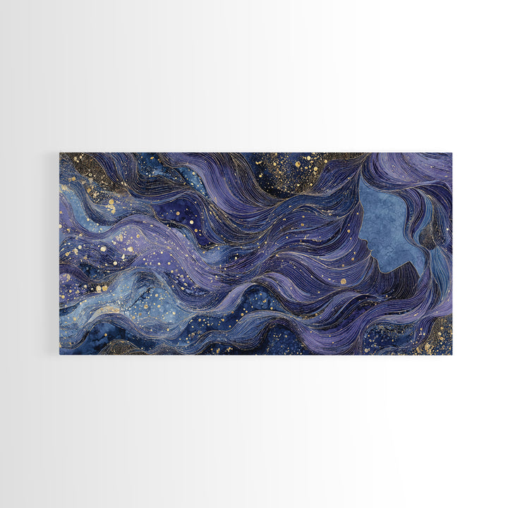 Moon Goddess with Flowing Hair and Constellations Framed Canvas Print, Astrology Art, Wall Decor, Living Room Decor, Zodiac, AST-2x1-95