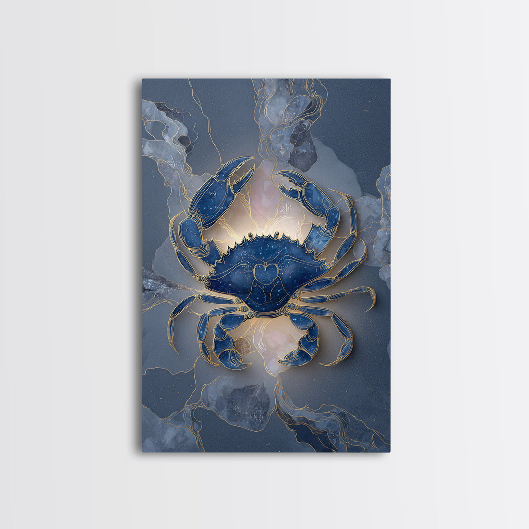 Celestial Crab under Glowing Ocean Moonlight Framed Canvas Print, Astrology Art, Neutral Decor, Living Room Decor, Zodiac, AST-2x3-24