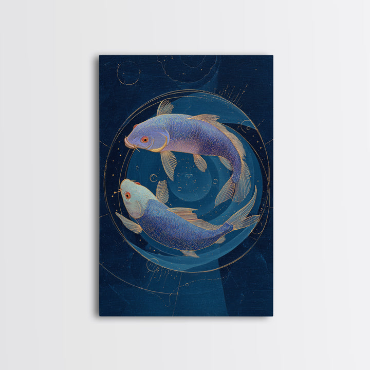 Cosmic Fish Pair Circling a Moonlit Pool Canvas Print, Astrology Art, Poster, Living Room Decor, Zodiac, Astrology Gifts, AST-2x3-31