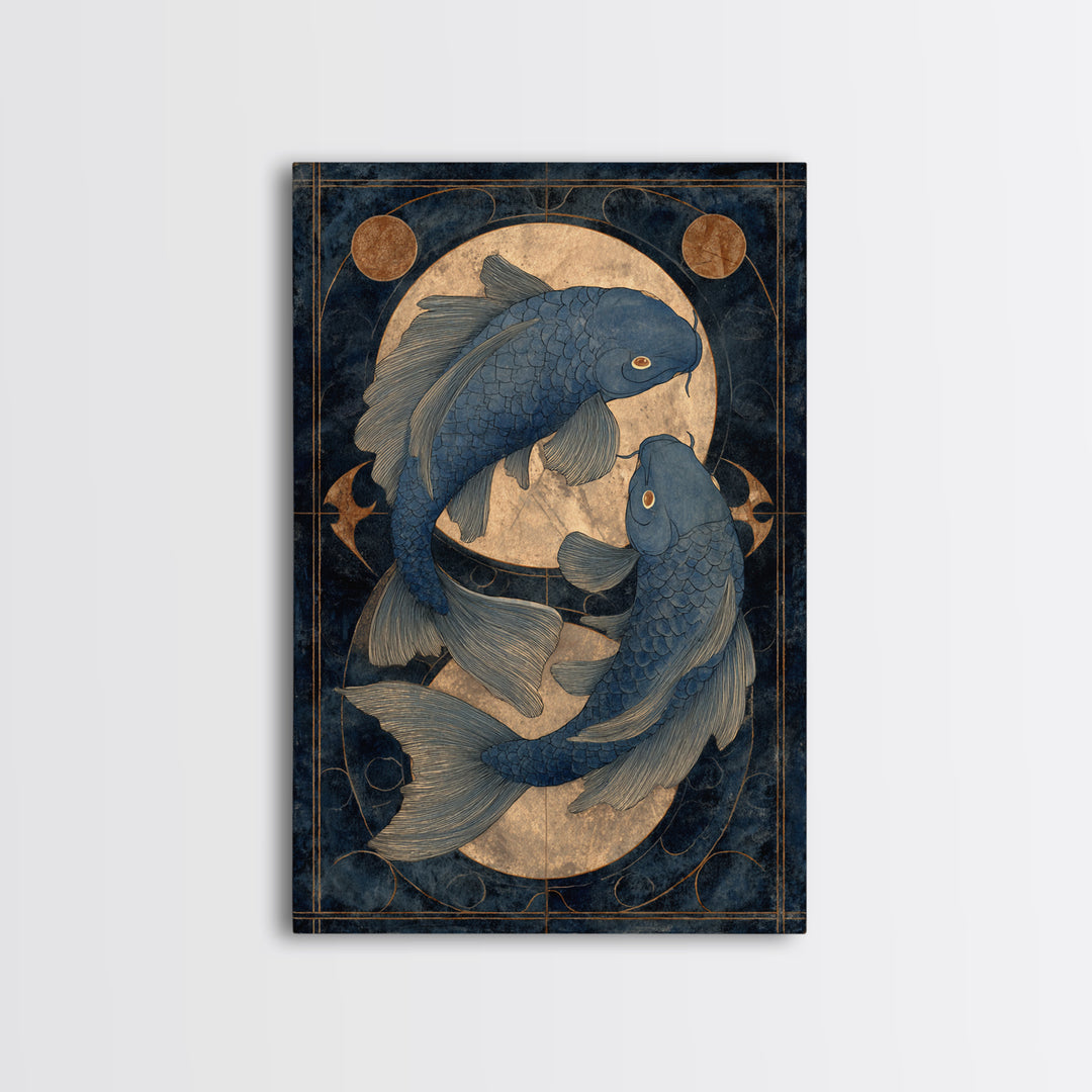 Cosmic Fish Pair Circling a Moonlit Pool Framed Canvas Print, Astrology Art, Art Nouveau, Living Room Decor, Fine Art, Zodiac, AST-2x3-55