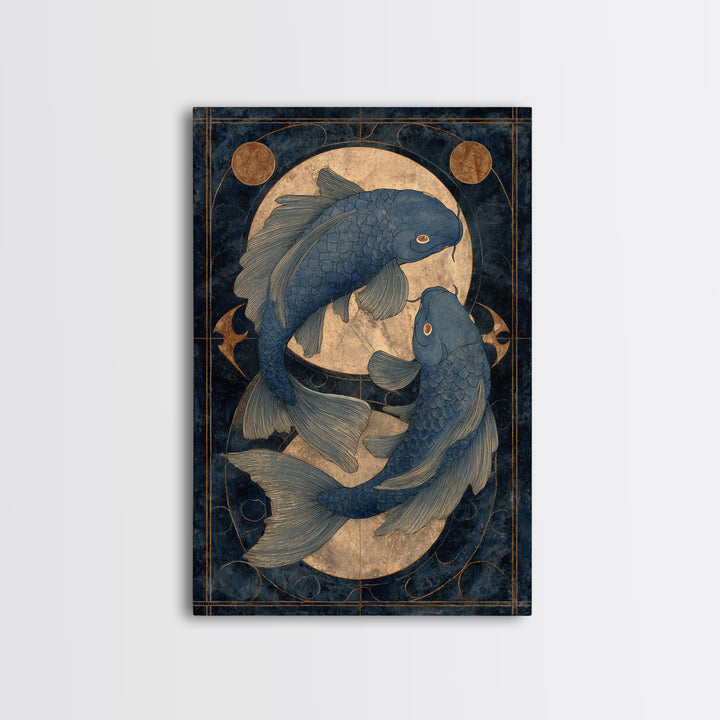 Cosmic Fish Pair Circling a Moonlit Pool Framed Canvas Print, Astrology Art, Art Nouveau, Living Room Decor, Fine Art, Zodiac, AST-2x3-55