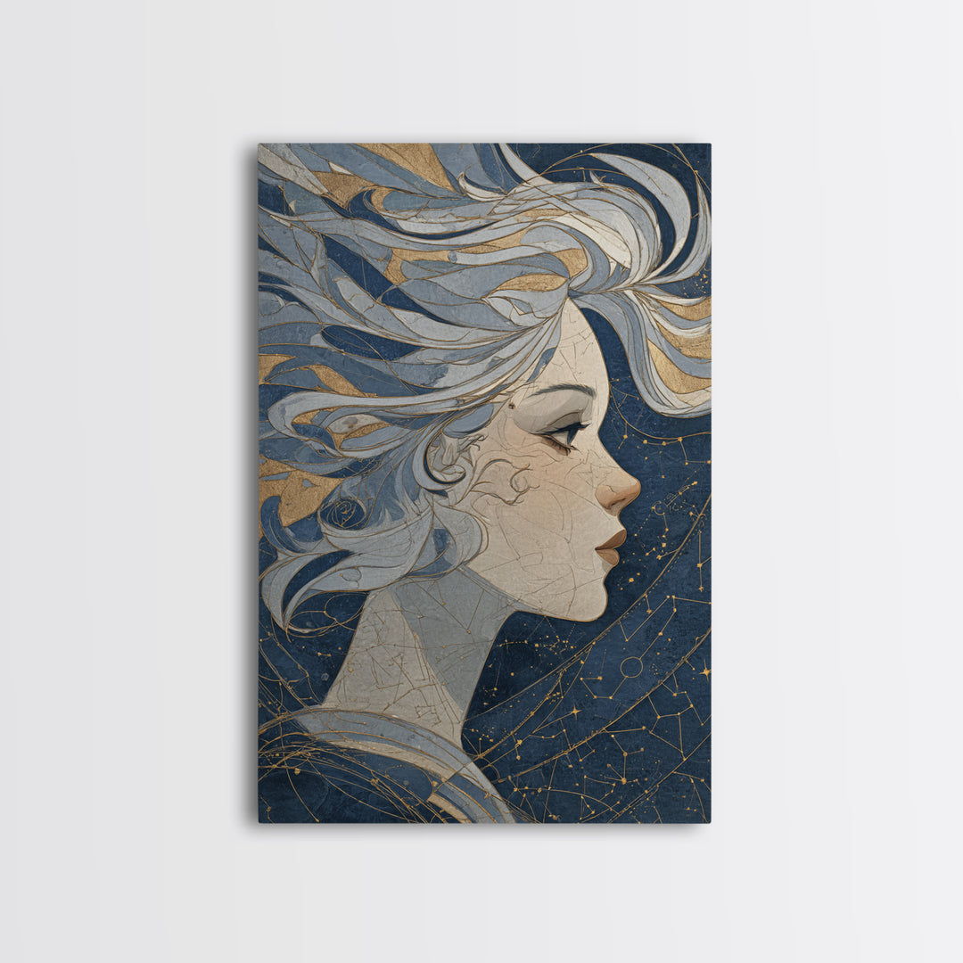 Moon Goddess with Flowing Hair and Constellations Canvas Print, Astrology Art, Astrology Gifts, Living Room Decor, Zodiac, AST-2x3-59