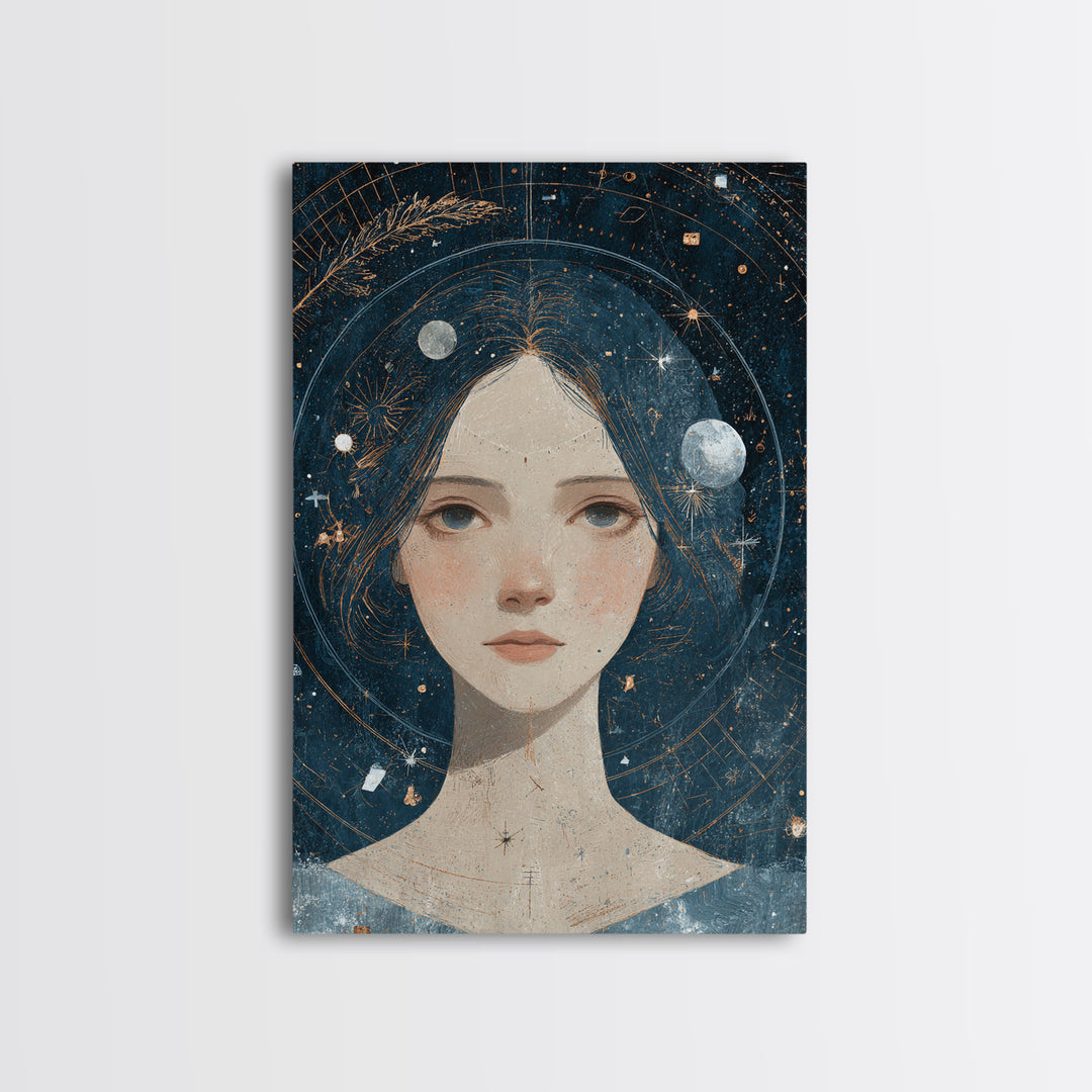 Virgo Maiden with Wheat and Blue Night Framed Canvas Print, Astrology Art, Astrology, Living Room Decor, Watercolor Art, Zodiac, AST-2x3-74