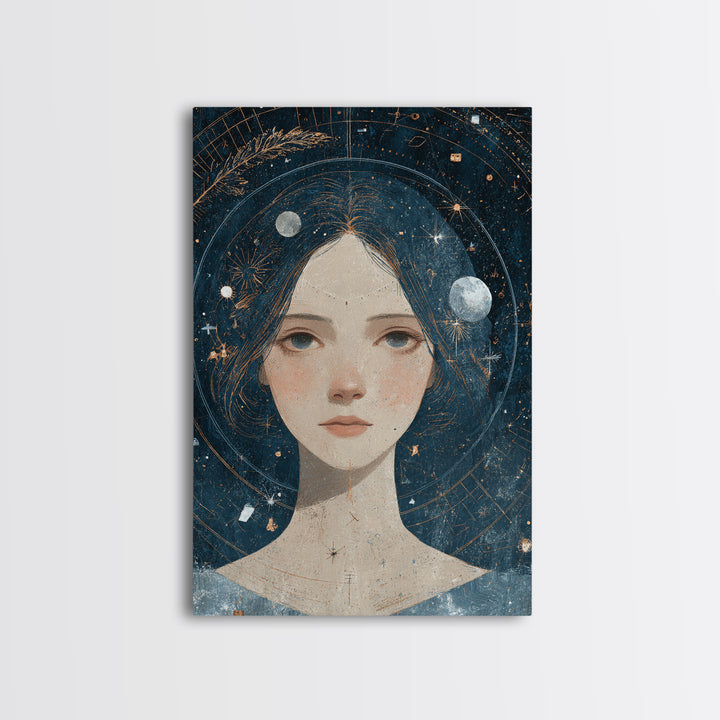Virgo Maiden with Wheat and Blue Night Framed Canvas Print, Astrology Art, Astrology, Living Room Decor, Watercolor Art, Zodiac, AST-2x3-74