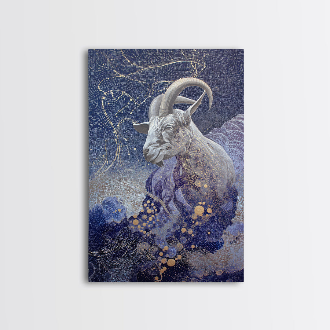 Capricorn Sea Goat Emerging from Cosmic Waves Framed Canvas Print, Astrology Art, Psychedelic Art, Living Room Decor, Zodiac, AST-2x3-75