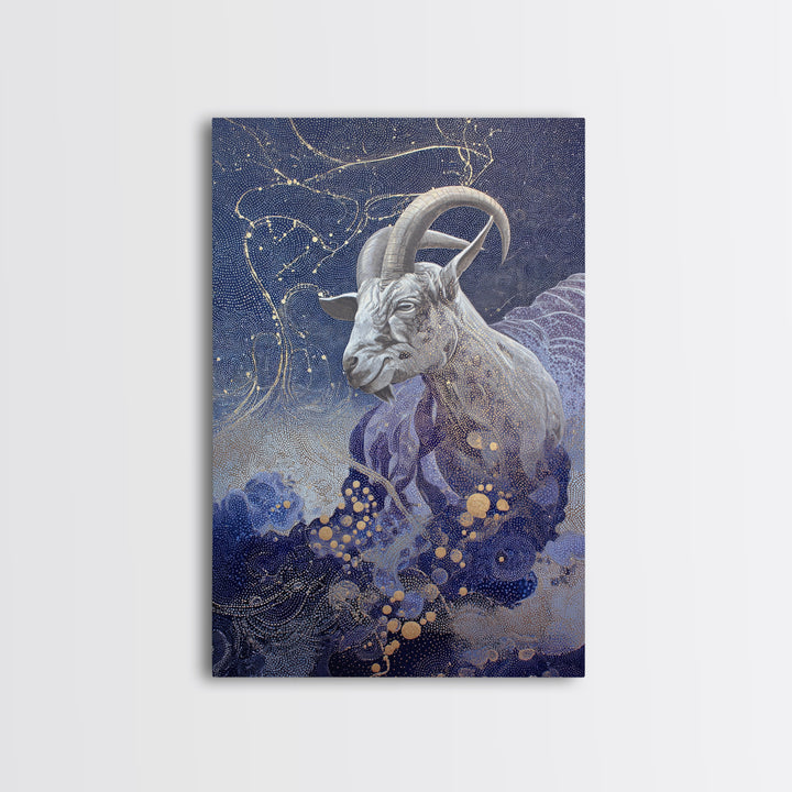 Capricorn Sea Goat Emerging from Cosmic Waves Framed Canvas Print, Astrology Art, Psychedelic Art, Living Room Decor, Zodiac, AST-2x3-75