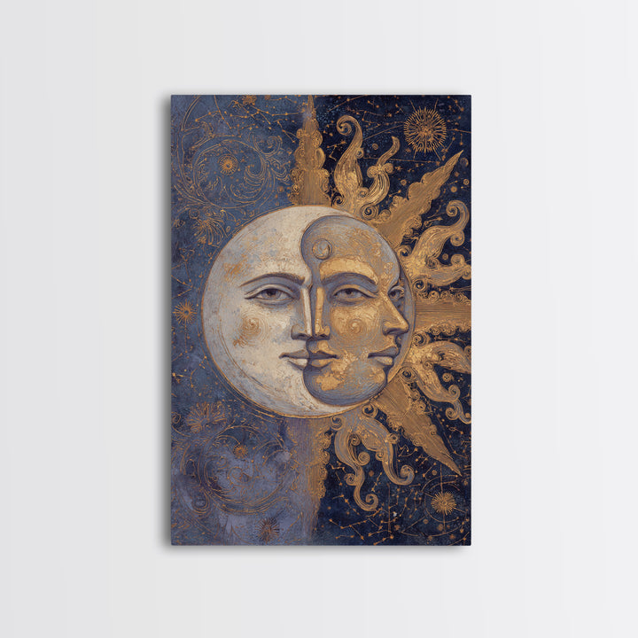 Sun and Moon Faces Framed Canvas Print, Astrology Art, Giclee Print, Living Room Decor, Fine Art, Zodiac, Fine Art Print, AST-2x3-85