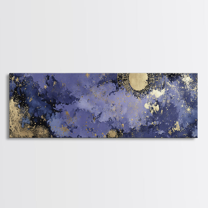 Gold Zodiac Wheel on Deep Midnight Blue Framed Canvas Print, Astrology Art, Zodiac Sign Print, Living Room Decor, Zodiac, AST-3x1-17