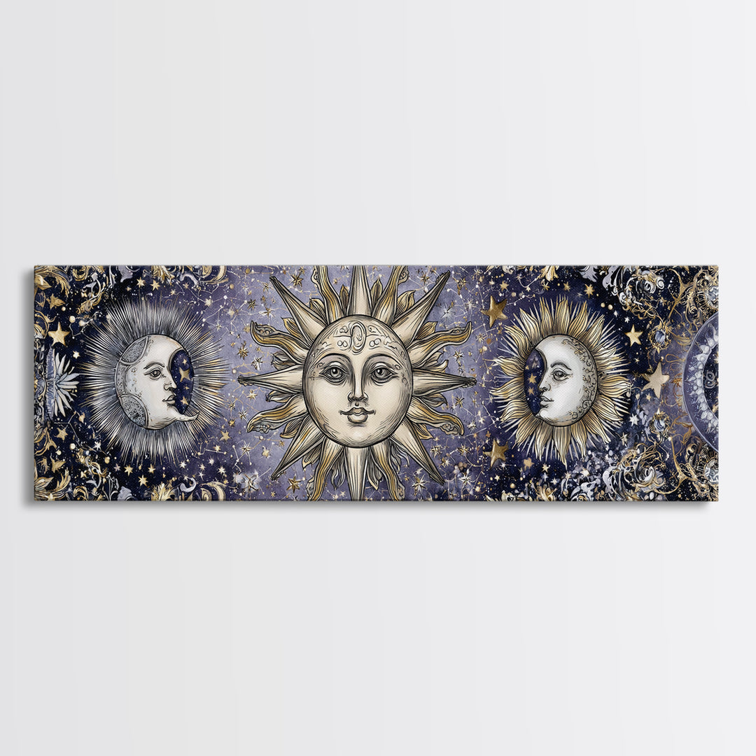 Sun and Moon Faces Canvas Print, Astrology Art, Zodiac Wall Art, Living Room Decor, Fine Art, Zodiac, Luxury Decor, AST-3x1-45