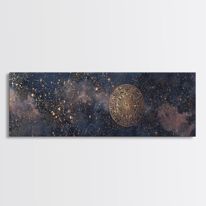 Gold Zodiac Wheel on Deep Midnight Blue Framed Canvas Print, Astrology Art, Statement Artwork, Living Room Decor, Oil Painting, AST-3x1-89