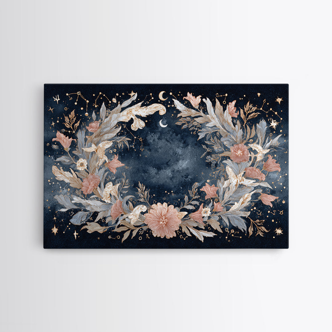 Astrological Botanical Wreath Framed Canvas Print, Astrology Art, Astronomy Art, Living Room Decor, Watercolor Art, Zodiac, AST-3x2-15