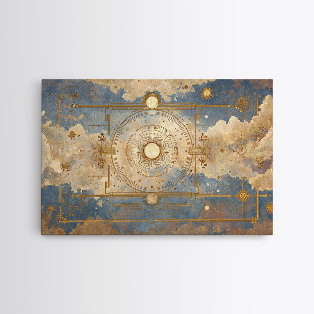 Retro Horoscope Chart Framed Canvas Print, Astrology Art, Leo Wall Art, Living Room Decor, Abstract Art, Zodiac, AST-3x2-25