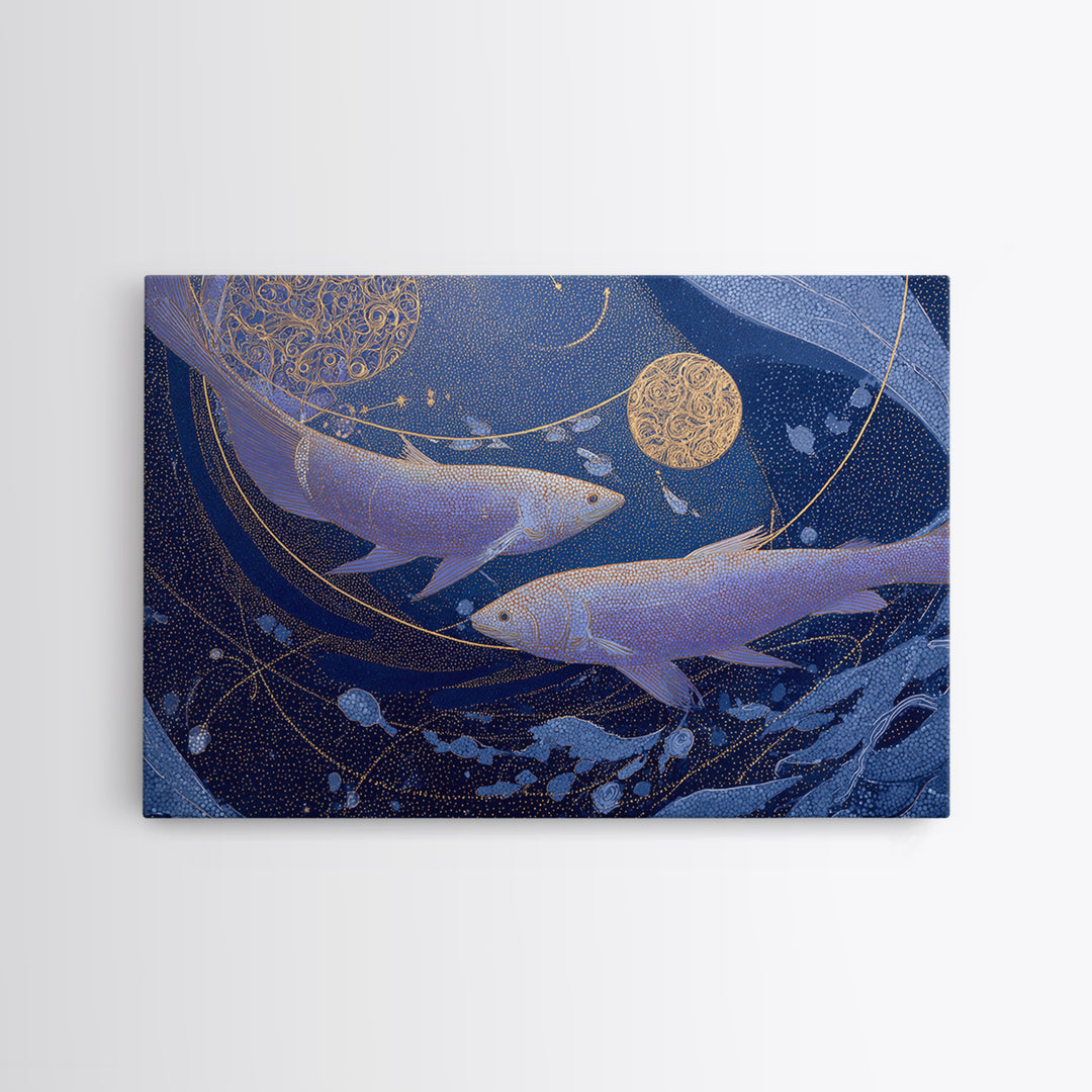 Cosmic Fish Pair Circling a Moonlit Pool Canvas Print, Astrology Art, Zodiac Wall Art, Living Room Decor, Fine Art, Zodiac, AST-3x2-3
