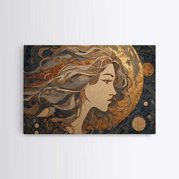 Moon Goddess with Flowing Hair and Constellations Canvas Print, Astrology Art, Fine Art Print, Living Room Decor, Zodiac, AST-3x2-31