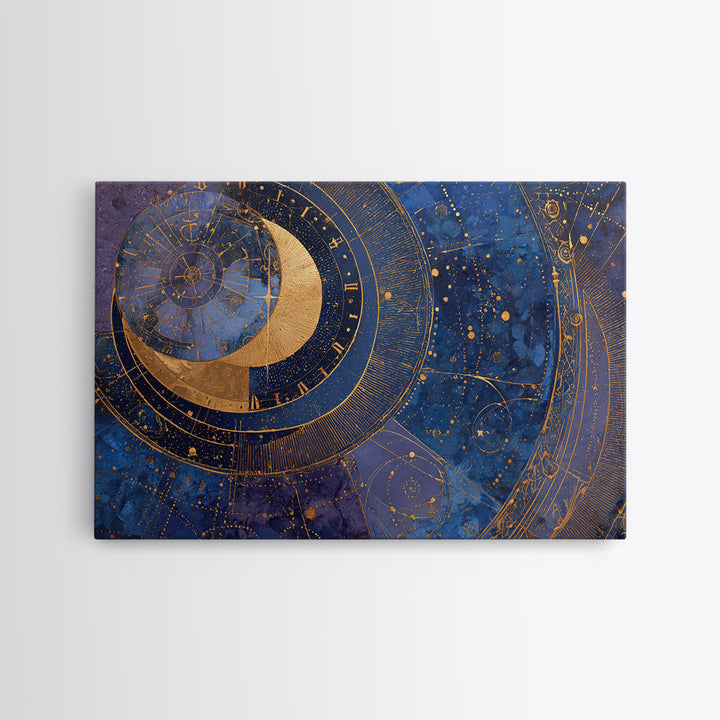 Gold Zodiac Wheel on Deep Midnight Blue Framed Canvas Print, Astrology Art, Astronomy Print, Living Room Decor, Zodiac, AST-3x2-5