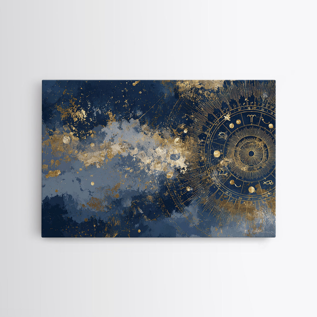 Gold Zodiac Wheel on Deep Midnight Blue Canvas Print, Astrology Art, Neutral Decor, Living Room Decor, Fine Art, Zodiac, AST-3x2-53
