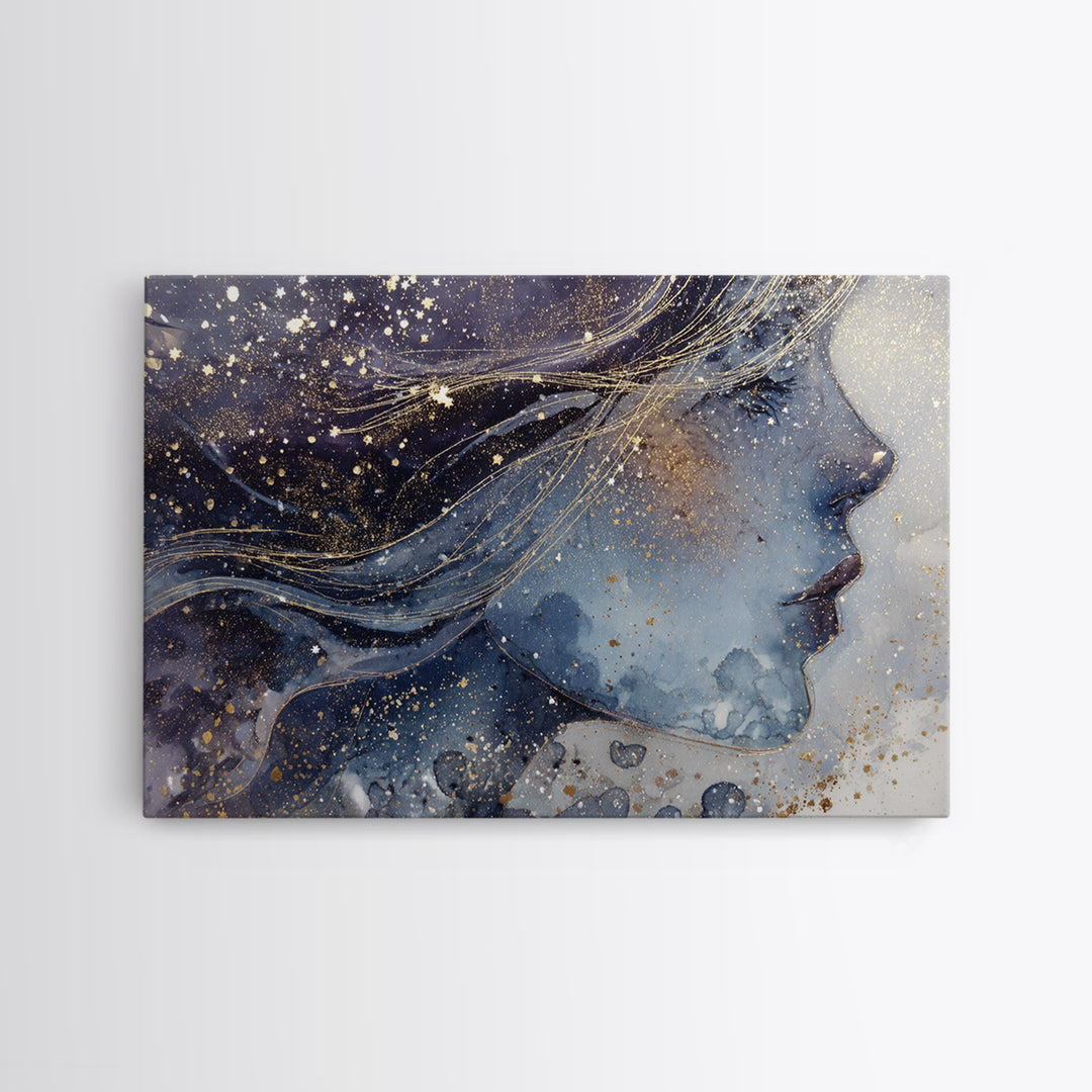 Moon Goddess with Flowing Hair and Constellations Canvas Print, Astrology Art, Astrology Gifts, Living Room Decor, Zodiac, AST-3x2-55