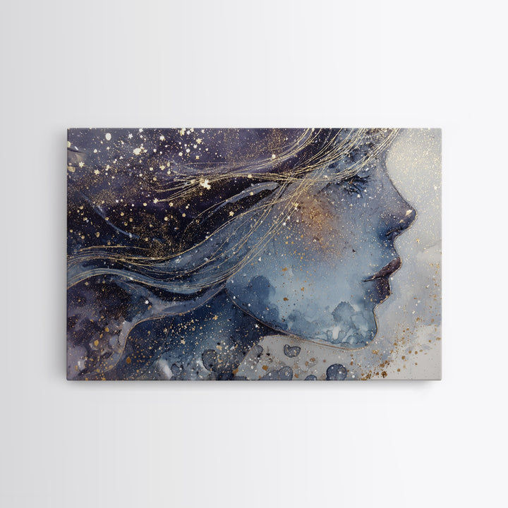 Moon Goddess with Flowing Hair and Constellations Canvas Print, Astrology Art, Astrology Gifts, Living Room Decor, Zodiac, AST-3x2-55