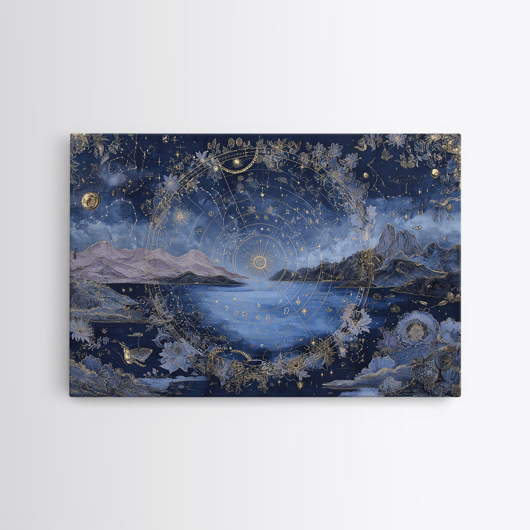 Astrological Botanical Wreath Framed Canvas Print, Astrology Art, Giclee Print, Living Room Decor, Oil Painting, Zodiac, AST-3x2-63