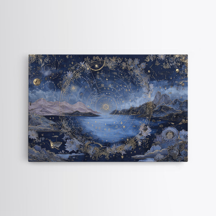 Astrological Botanical Wreath Framed Canvas Print, Astrology Art, Giclee Print, Living Room Decor, Oil Painting, Zodiac, AST-3x2-63